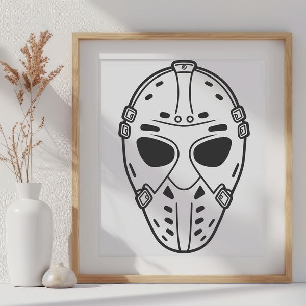 A detailed illustration of a hockey mask worn by a player during the sport.