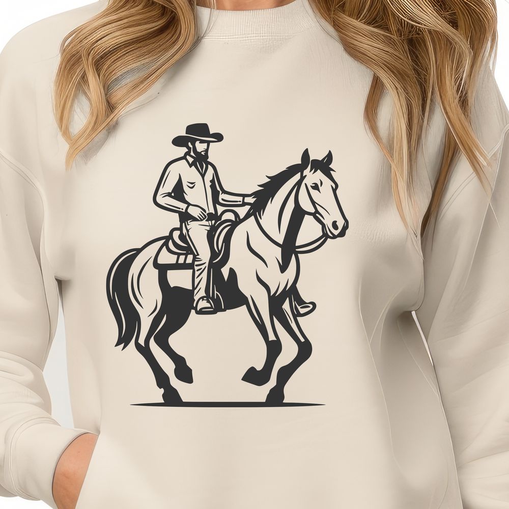 Western Rider SVG Design A digital illustration of a rugged cowboy riding a horse, suitable for vector graphics and cutting machine designs.