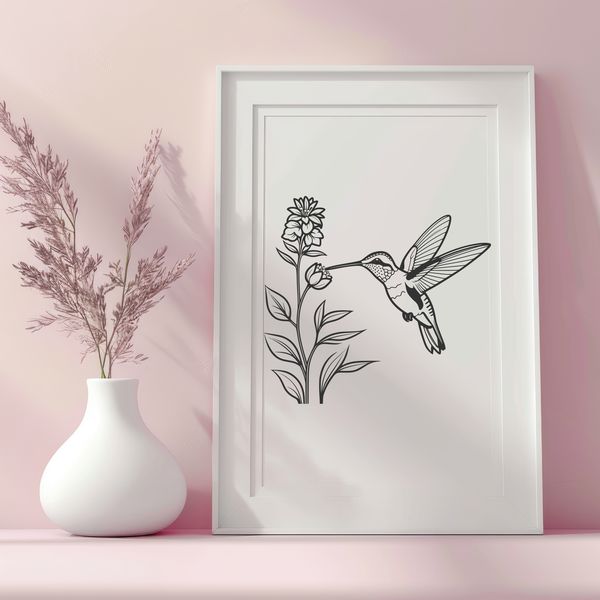 Stylized Hummingbird with Floral Accents An SVG vector art design featuring a stylized hummingbird surrounded by delicate flowers.