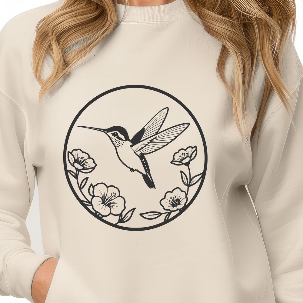 Detailed Floral and Feathered Artwork A vector graphic design featuring a detailed hummingbird surrounded by foliage.