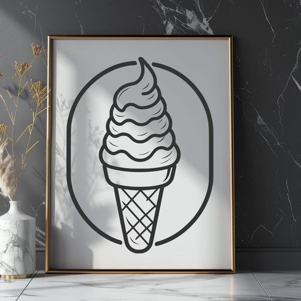 A colorful illustration of a scoop of creamy ice cream in a cone.