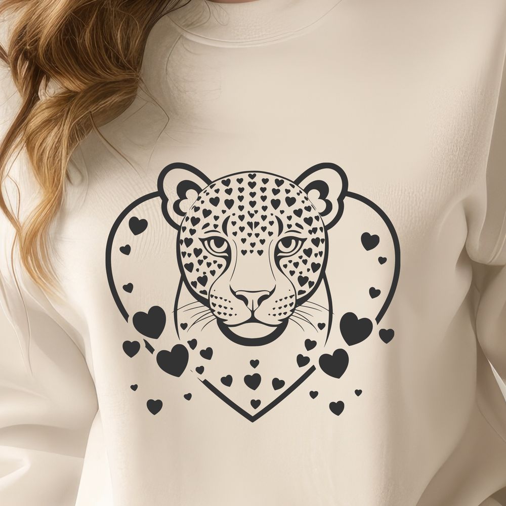 Whimsical Jaguar Portrait with Hearts A stylized illustration of a big cat with love hearts surrounding its body.