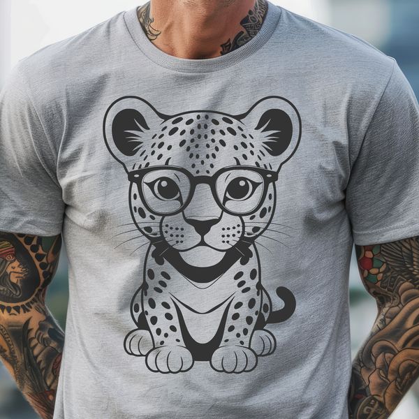 A detailed illustration of a jaguar's face with glasses on.