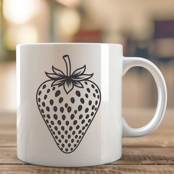 Simple Strawberry Graphic Design A simple illustration of a ripe strawberry with green leaves and stem.