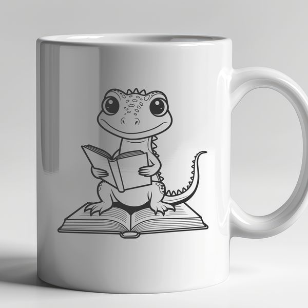 A cartoon lizard sitting on a rock, holding a book in its claws.