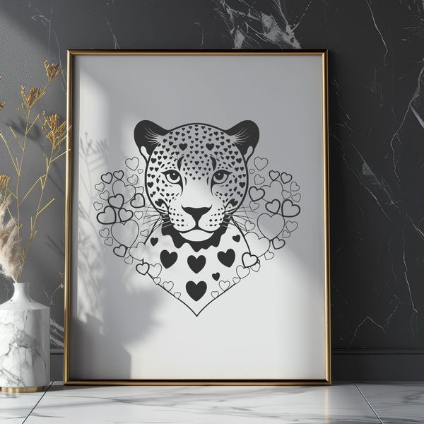 Sleek Jaguar Vector Art with Love Hearts A large, sleek jaguar with love hearts surrounding its body, depicted as vector art.