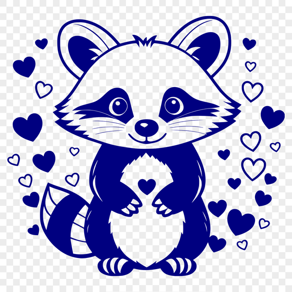 A cartoon raccoon design with heart elements.