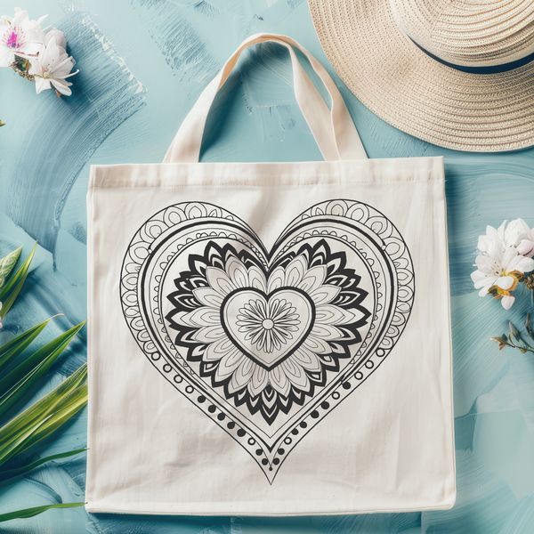 A symmetrical heart design surrounded by intricate patterns and shapes.