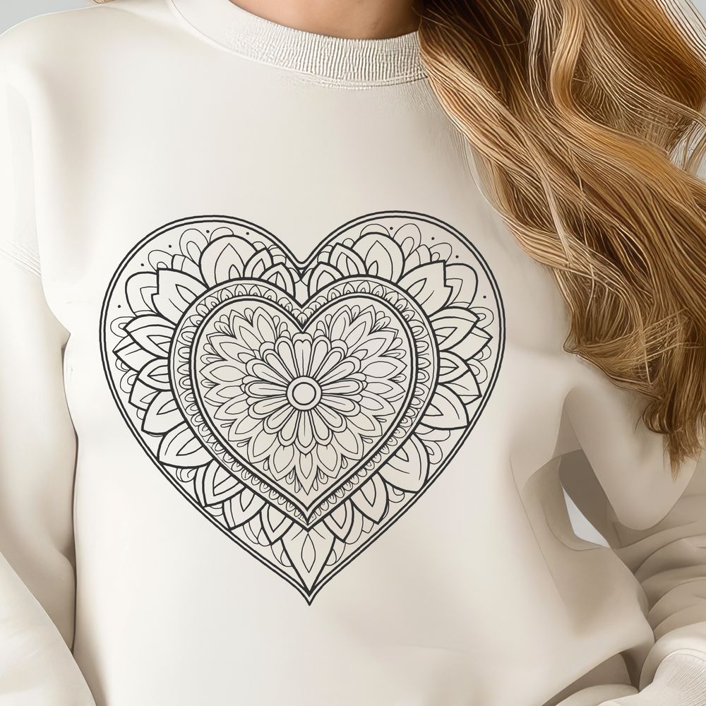 Love Blooms in Beauty A detailed mandala design featuring a heart shape, suitable for cutting machine stencils or laser engraving.
