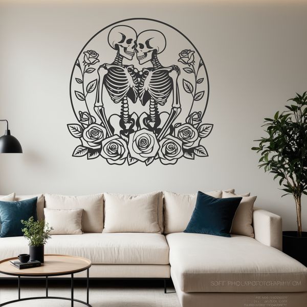 Sweetheart Skeletons in Bloom A stylized illustration of a skeleton couple surrounded by floral elements, ideal for Valentine's Day designs.