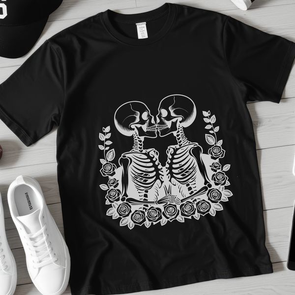 Love Skeletons Holding Hands A romantic skeleton duo holding hands amidst a floral arrangement, perfect for Valentine's Day decorations.