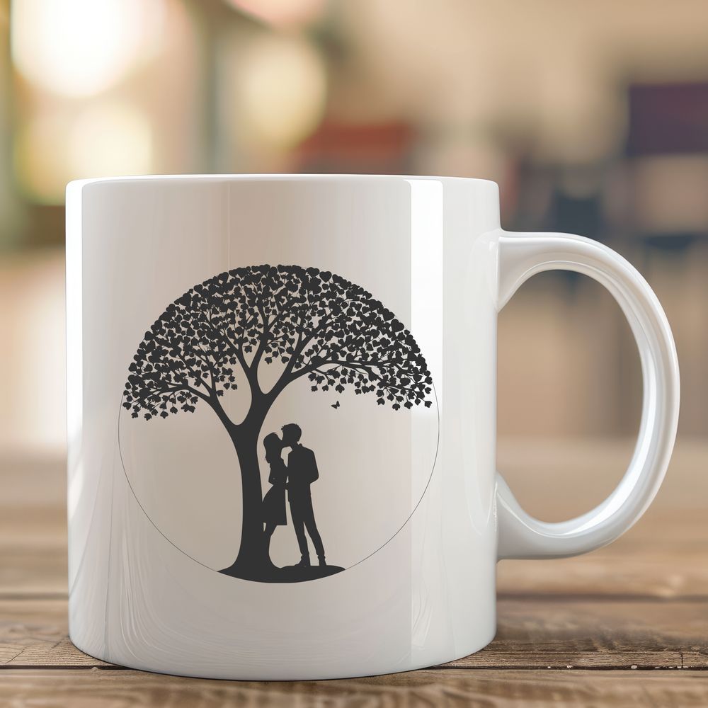 Intertwined Love Under a Branch Illustration of intertwined lovers embracing under a tree, suitable for weddings and Valentine's Day celebrations.