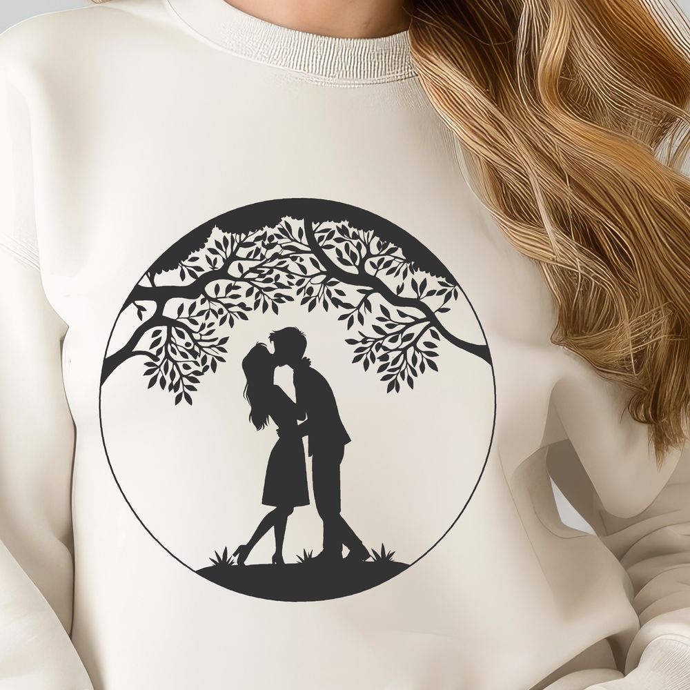 Sweetheart Tree Silhouette An ornate vector design featuring a tree with a trunk and foliage, incorporating a kiss or two into its branches.