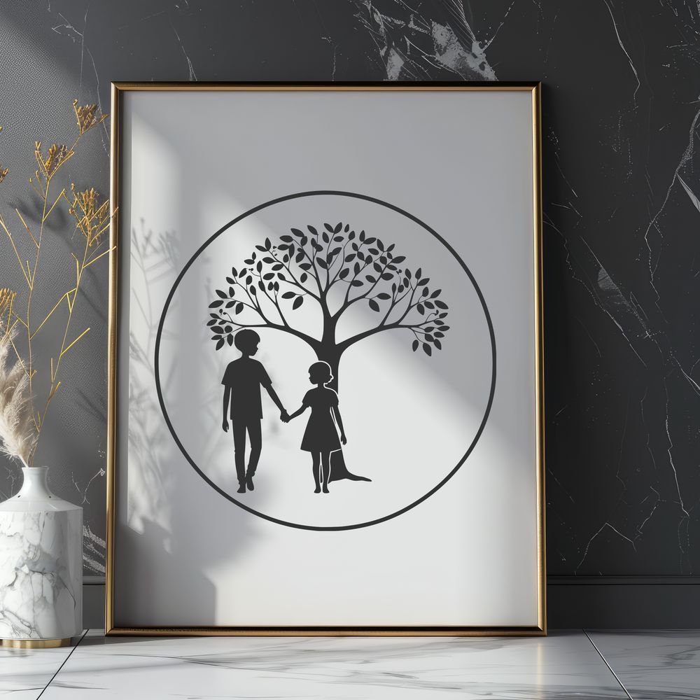 Romantic Embracing Trees Illustration An intricate design featuring a pair of trees embracing each other's trunks, perfect for romantic themes and designs.