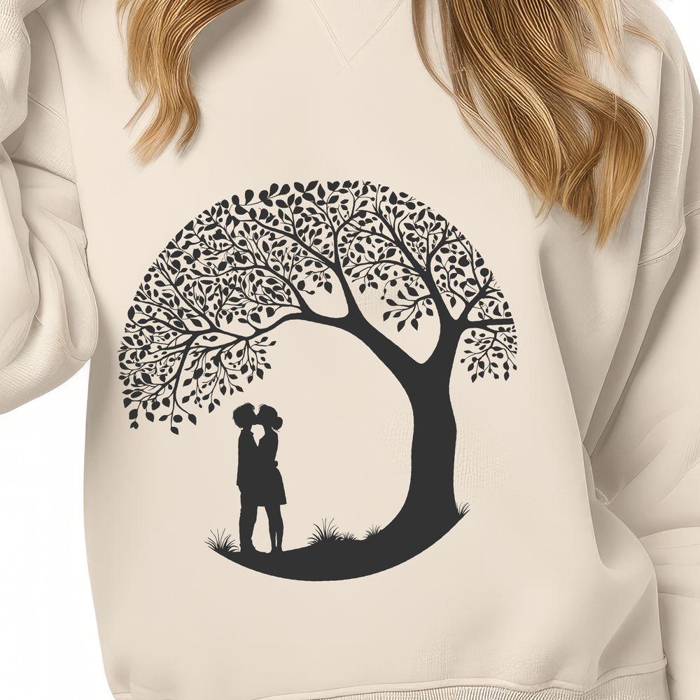 Symbolic Love Tree Silhouette A tree with two intertwined branches forming a heart shape, symbolizing love and unity.