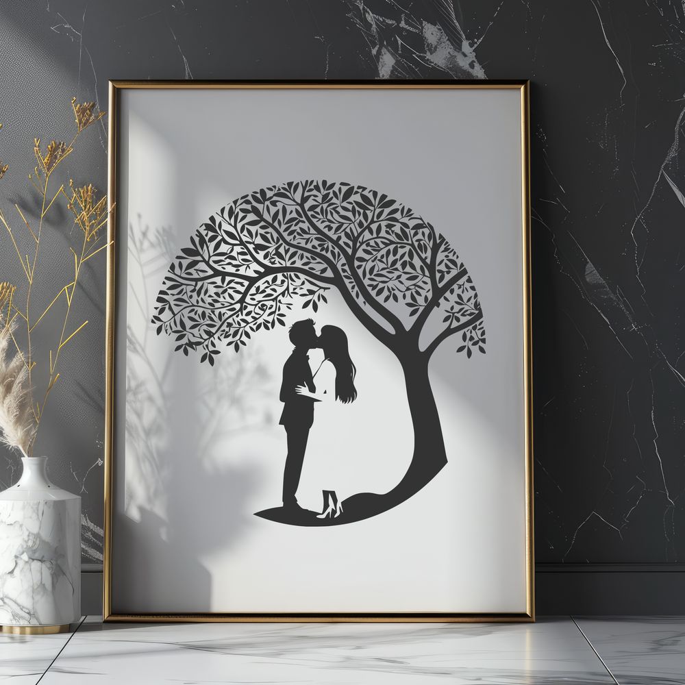 Entwined in Love and Nature A pair of lovers embracing under a tree with branches entwined around them.