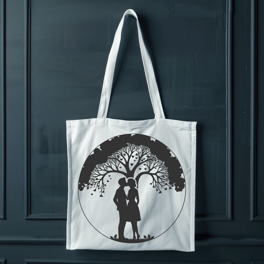 Tree of Devotion Symbolism A pair of lovers embracing under the branches of a large tree, perfect for Valentine's Day or wedding decorations.