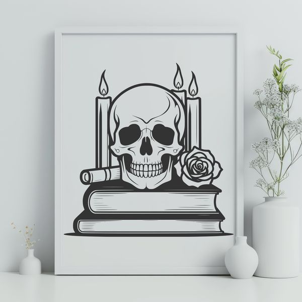Dark Gothic Skull with Rose and Book Silhouette A skeletal skull with a rose and book in the background, set against a dark, ominous backdrop.