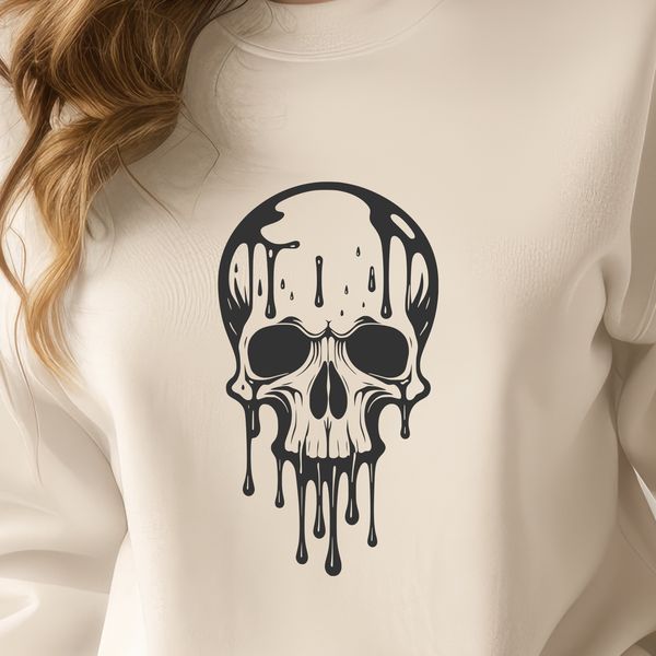 Free Halloween Clip Art Design A dark, gothic illustration of a dripping skull, suitable for Halloween decorations or designs.
