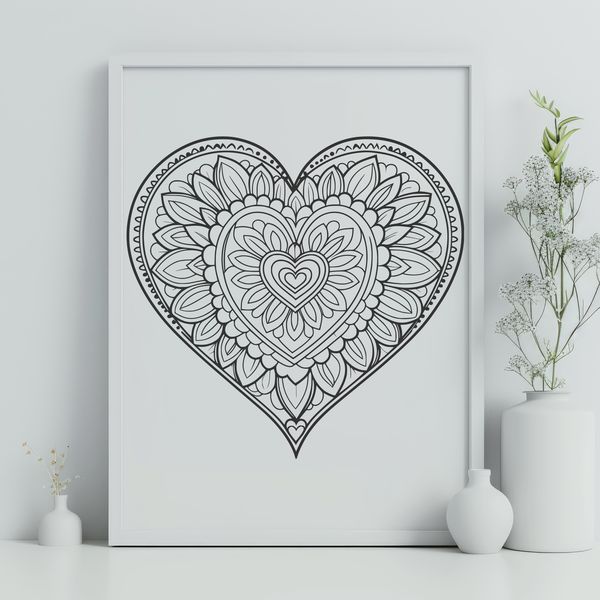 A colorful mandala design featuring a heart at its center.