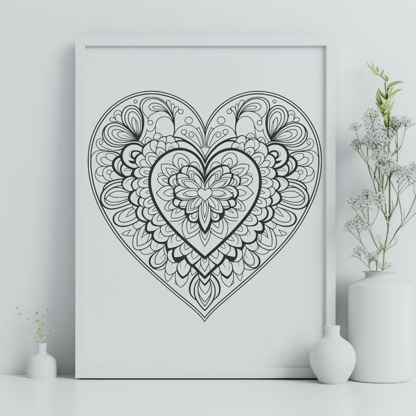 A colorful, intricate mandala design featuring a heart shape, suitable for various digital applications and cutting machines.