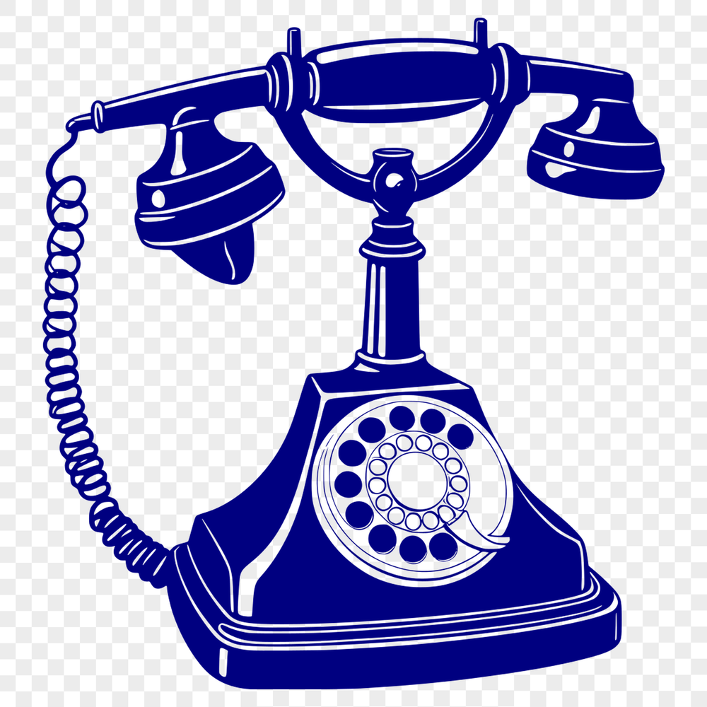 A simple line-art illustration of a telephone with bold lines and minimal details.