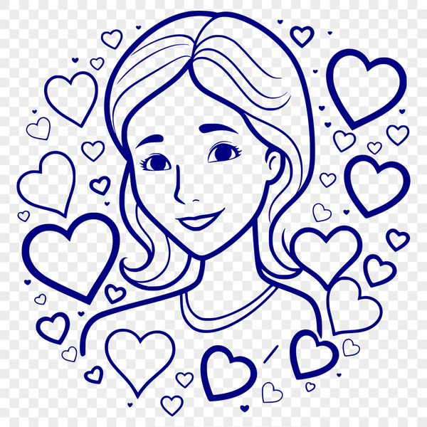 A vector illustration of a woman surrounded by heart symbols.