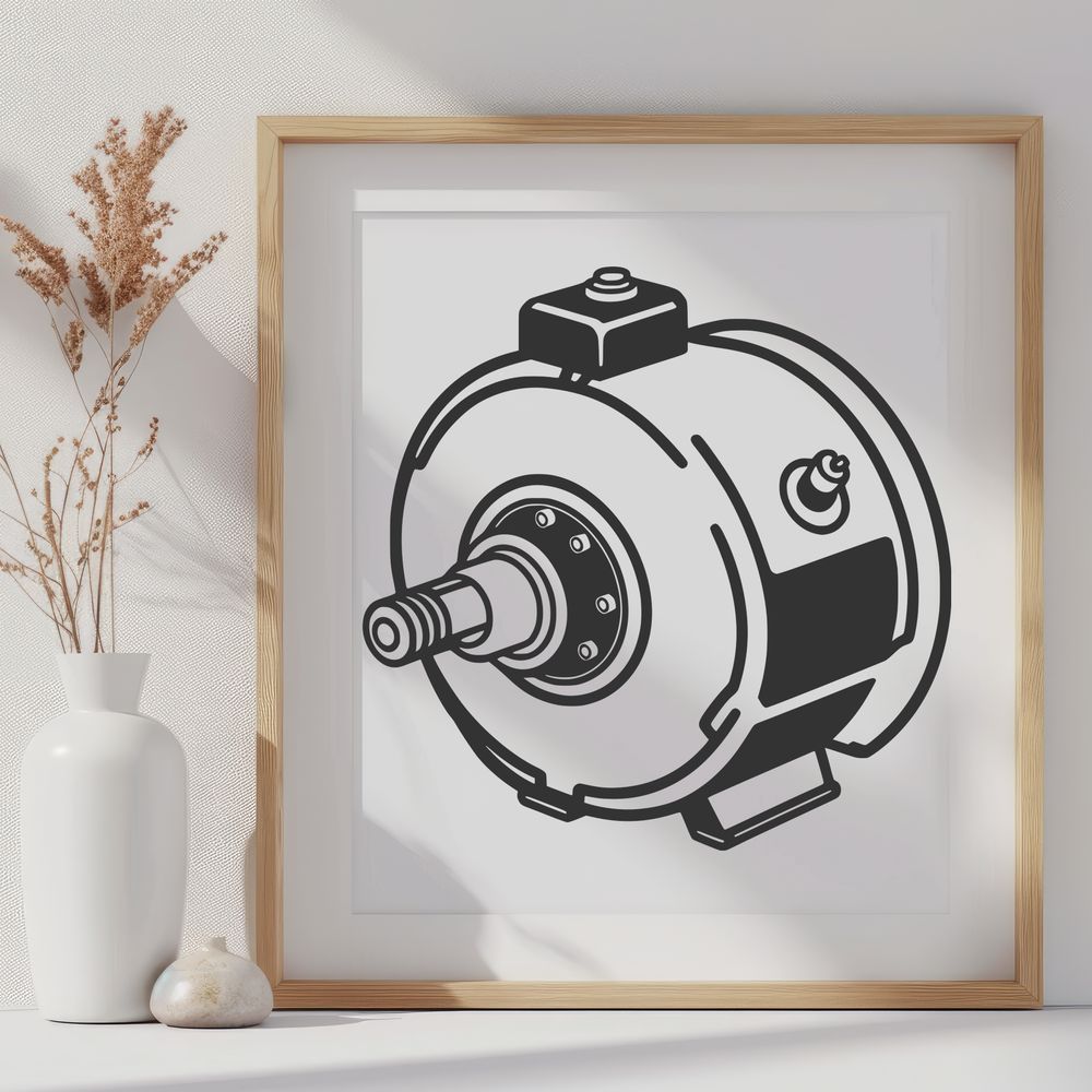 Motor Illustration with Technical Details A detailed illustration of a motor with technical components.