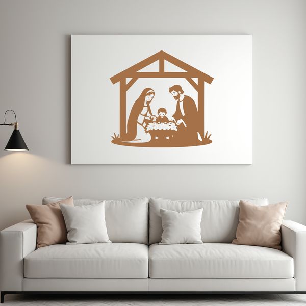 A traditional Christmas scene featuring the Holy Family in a simple yet detailed illustration.
