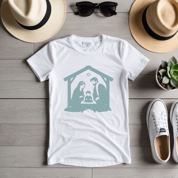 Vector illustration of the Nativity scene, featuring Mary, Joseph, baby Jesus, and animals.