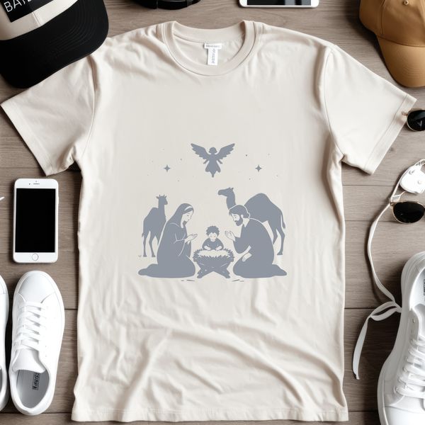 SVG graphic of the Holy Family and animals in a festive holiday setting.