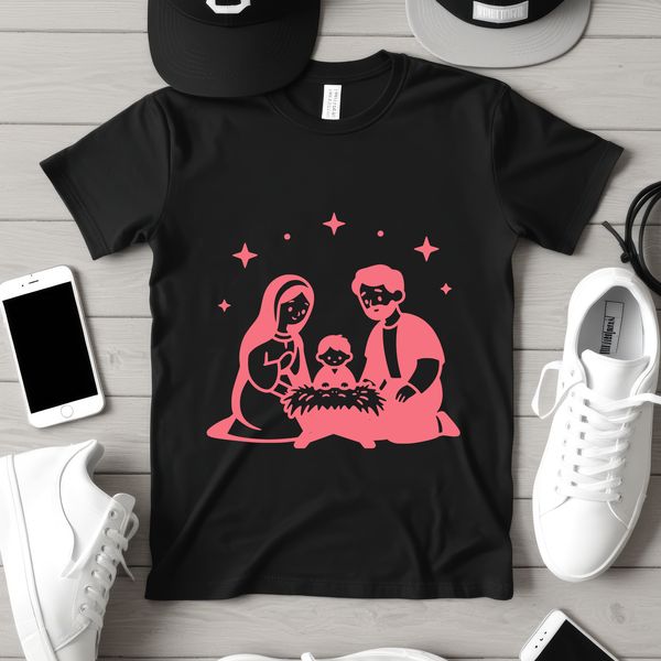 A traditional nativity scene illustration featuring Mary, Joseph, and the newborn Jesus.