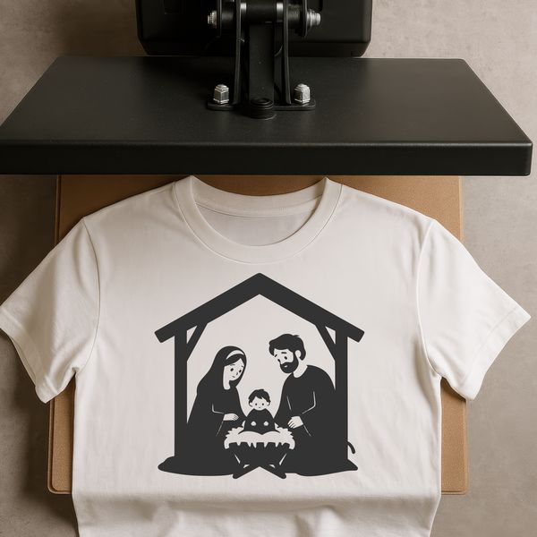 Illustrative Nativity scene in a traditional Christmas setting.