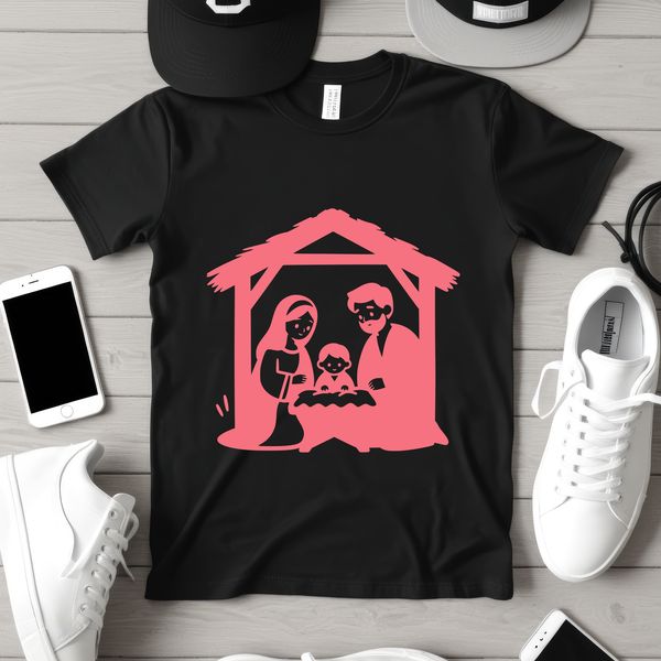 A traditional nativity scene with figurines and decorations set against a simple background.