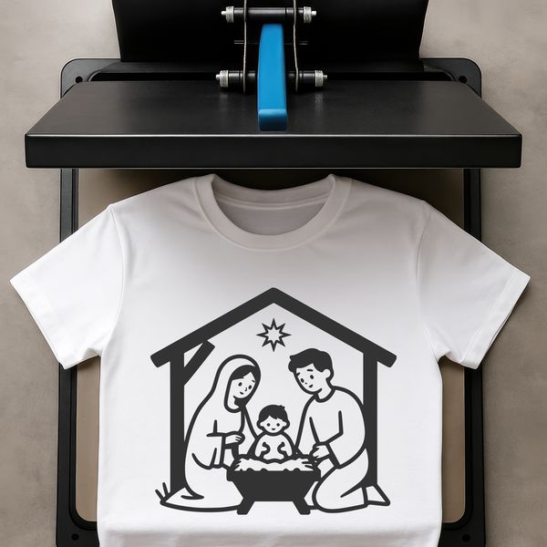 A traditional Christmas scene featuring the Virgin Mary, Joseph, and baby Jesus in a stable, accompanied by animals.