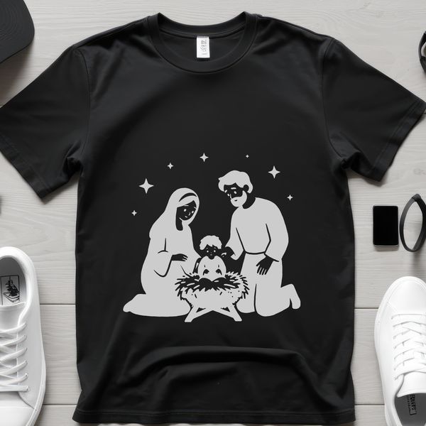 Illustrative nativity scene with figures in traditional Christmas attire.