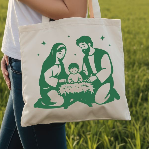 Illustrative scene of the Holy Family in a traditional setting.