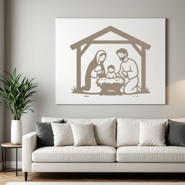 A traditional Christmas nativity scene featuring the Holy Family and angels.