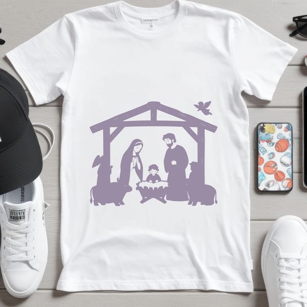 A digital representation of the Holy Family and surrounding animals from the Christmas story.