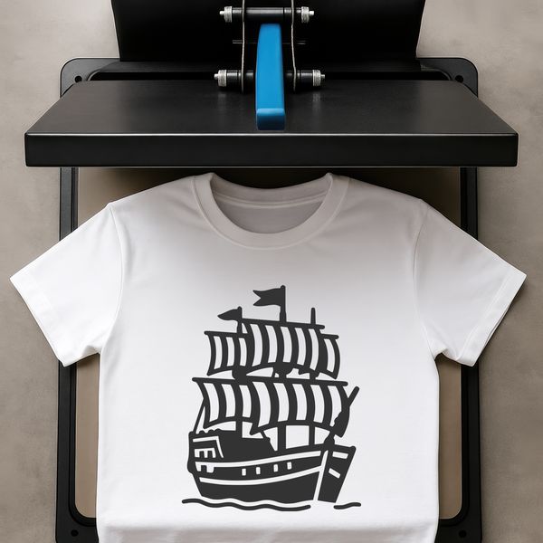 A cartoon illustration of a swashbuckling pirate standing on a deck with an anchor in the background.