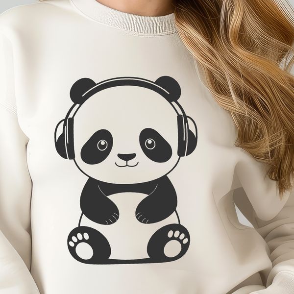 Cuddly Panda in Headphones SVG A vector illustration of a cuddly giant panda wearing headphones.