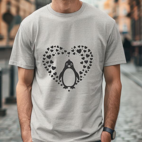 A stylized illustration of a penguin with love hearts, suitable for vector art designs.