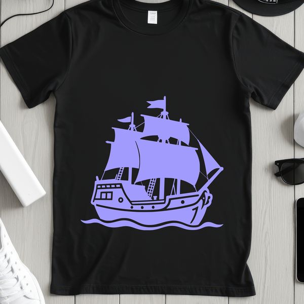 A detailed silhouette of a pirate sailing on his ship.