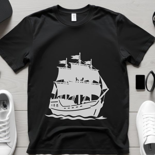 A digital vector illustration of a pirate character on a ship, suitable for commercial or personal use.