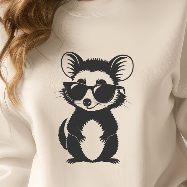 A possum wearing sunglasses in a casual outdoor setting.