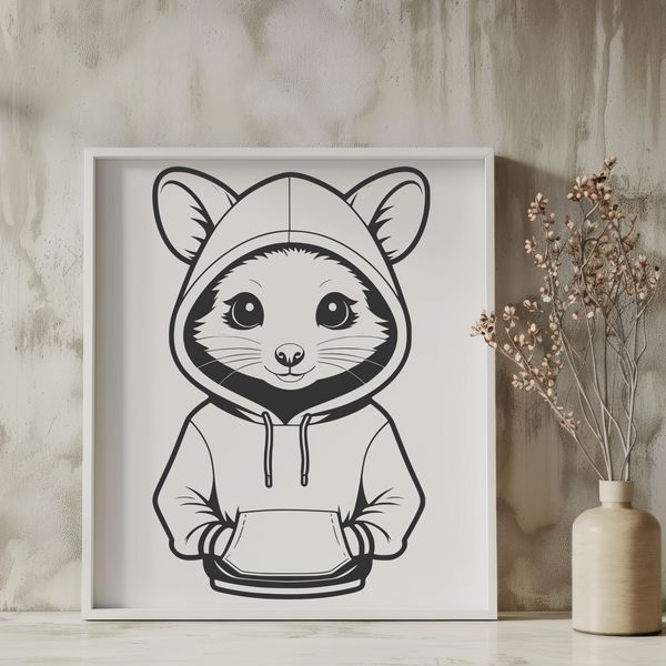 Whimsical Woodland Possum Illustration A cartoon possum with a hoody on its back, illustrated as a vector graphic.