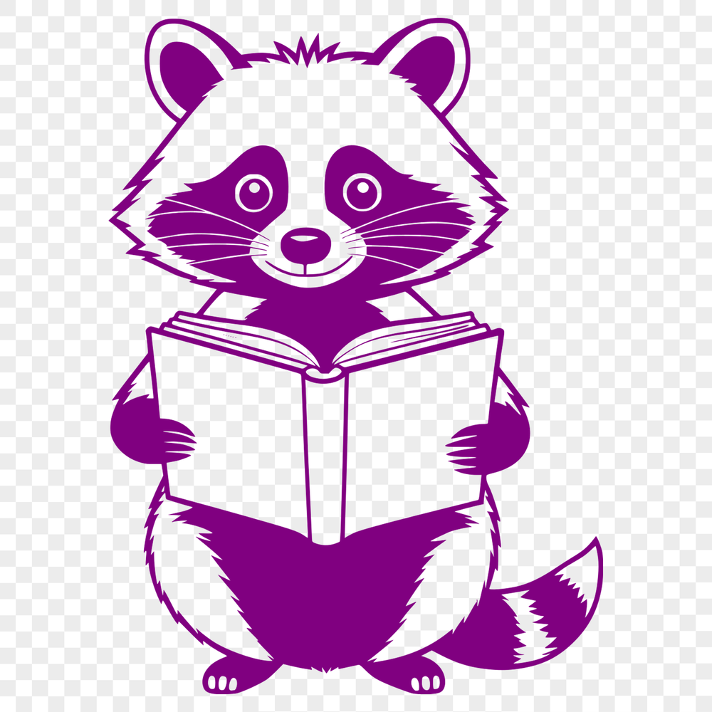 Cute Raccoon Reading a Book SVG A vector illustration of a raccoon reading a book, suitable for digital design and cutting machine projects.