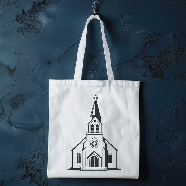 A simple SVG illustration of a traditional Baptist church building with a prominent steeple and entrance.