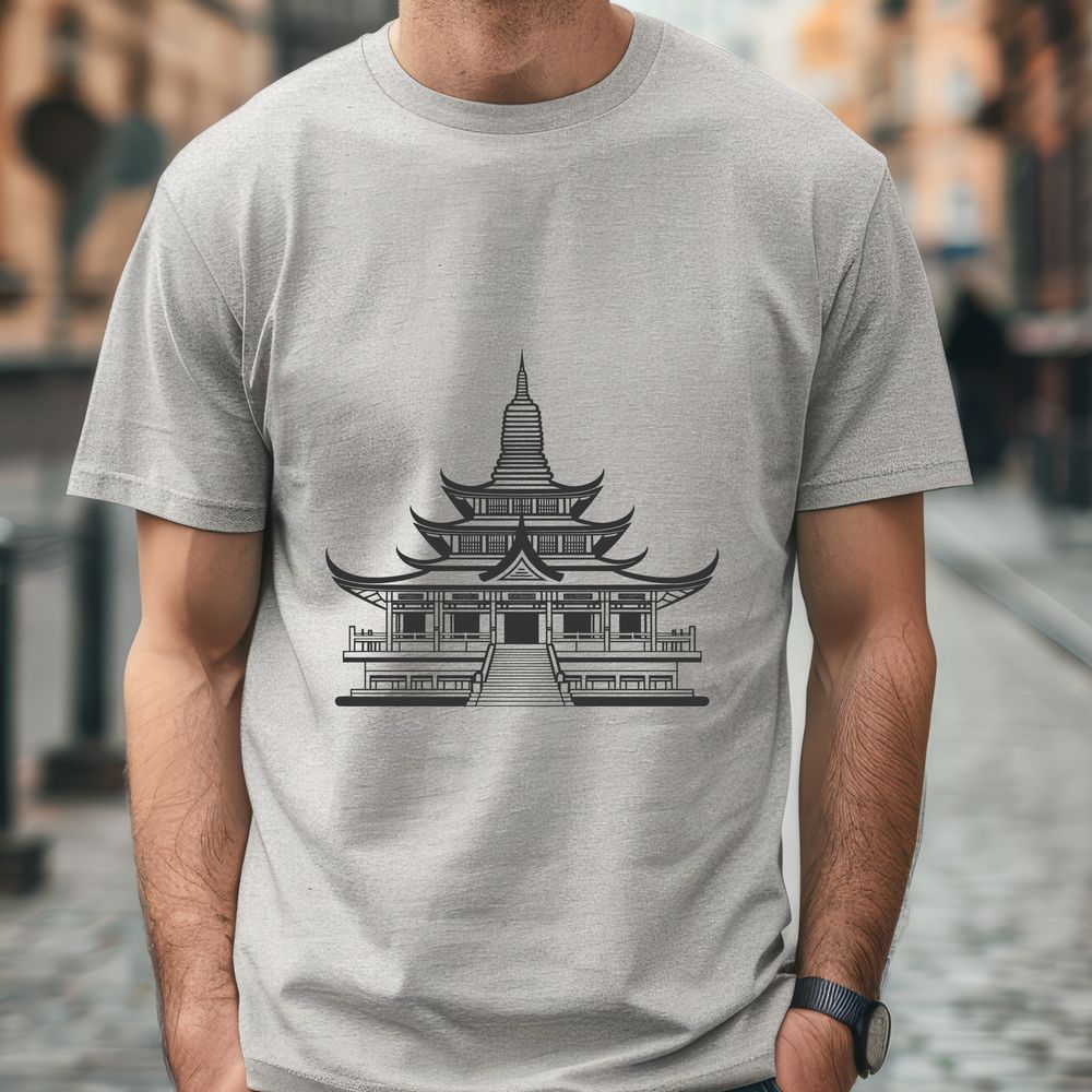 Buddhist Temple SVG Design with Geometric Patterns An image of a Buddhist temple featuring a complex design with curved lines and geometric patterns.