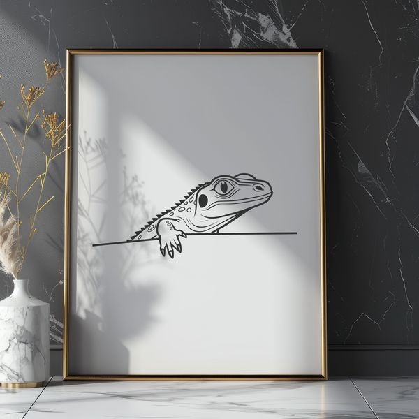 A reptile peeking out from behind a rock, illustrated in a vector style.